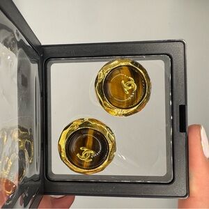 CHANEL Tiger’s Eye 24karat Gold Plated Clip-On Earrings